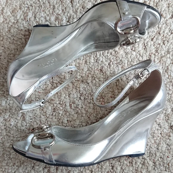 Gucci Silver Metallic classic horse bit leather wedges size 6B - Picture 6 of 16